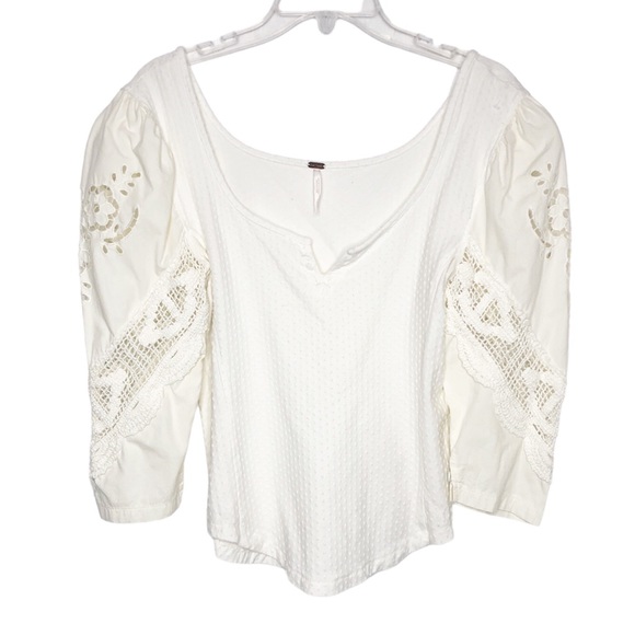 Free People Brunch Date Top 3/4 Lace Puff Sleeve Blouse Size Medium Revolve - Picture 2 of 16